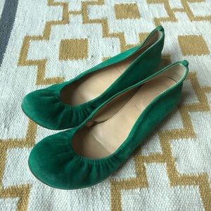 J Crew green suede Cece ballet flats